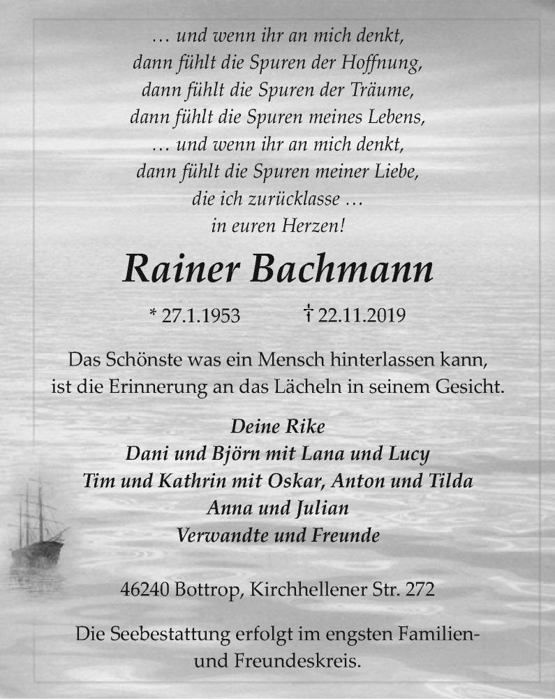 Traueranzeige für Rainer Bachmann vom 30.11.2019 aus Stadtspiegel Bottrop