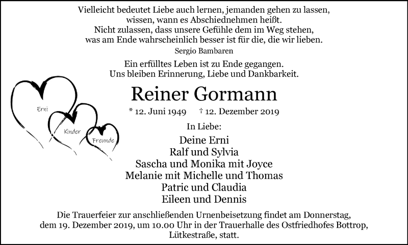  Traueranzeige für Reiner Gormann vom 18.12.2019 aus Stadtspiegel Bottrop