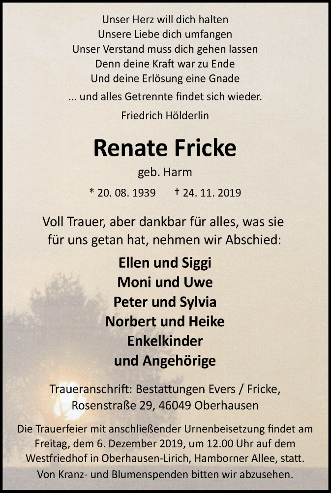  Traueranzeige für Renate Fricke vom 30.11.2019 aus Wochen-Anzeiger Oberhausen