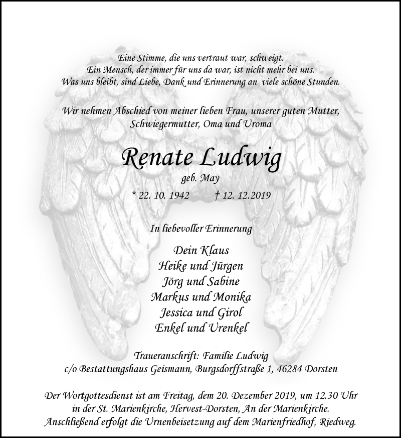  Traueranzeige für Renate Ludwig vom 18.12.2019 aus Stadtspiegel Haltern + Dorsten