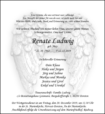 Traueranzeige von Renate Ludwig von Stadtspiegel Haltern + Dorsten