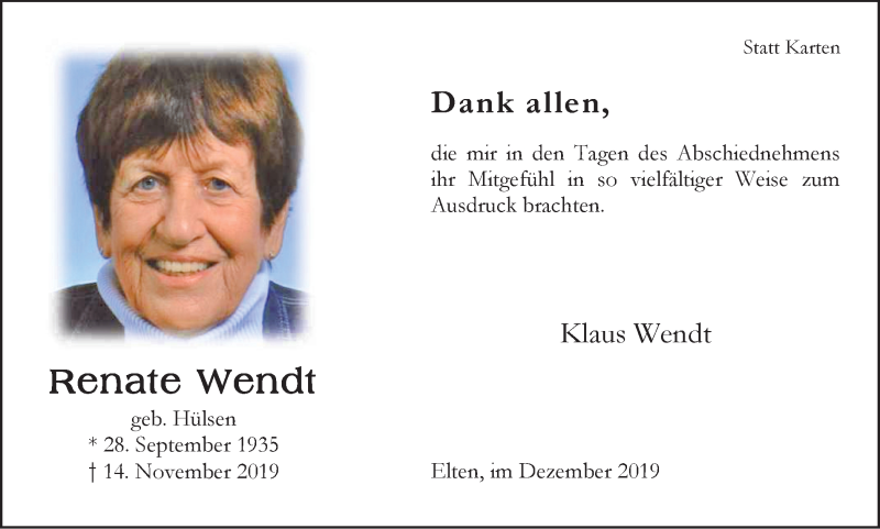  Traueranzeige für Renate Wendt vom 14.12.2019 aus Stadtanzeiger Emmerich/Rees/Isselburg