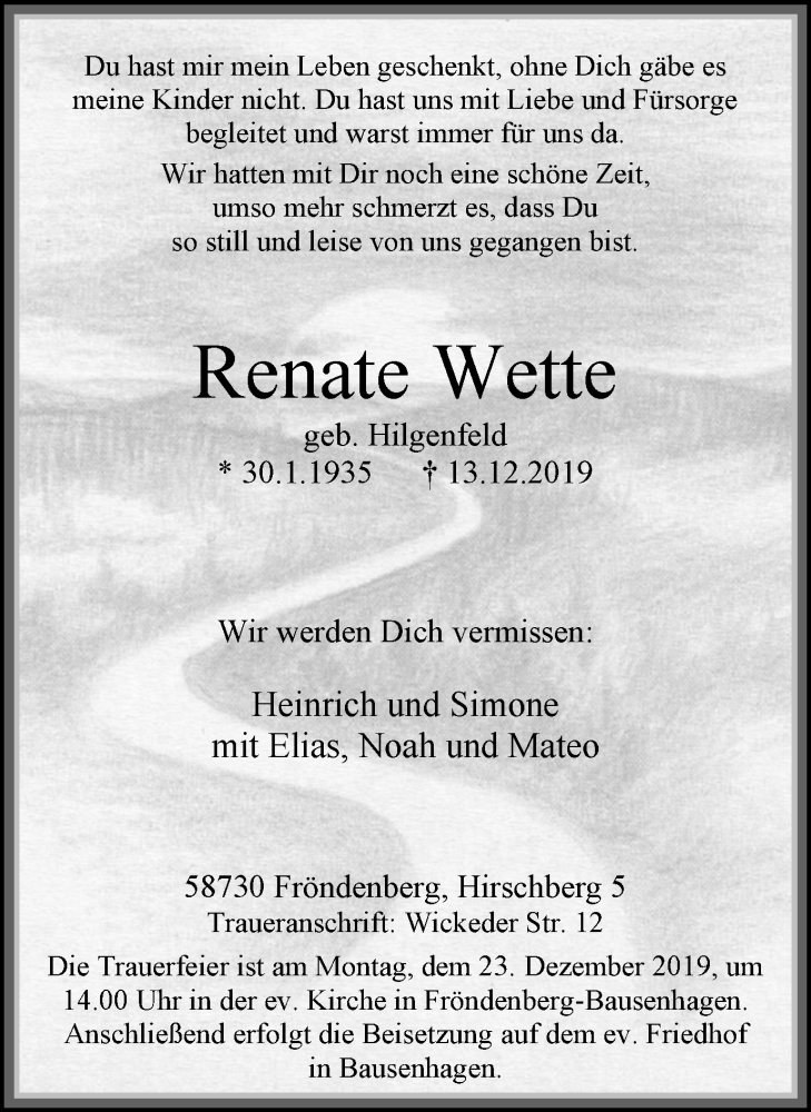  Traueranzeige für Renate Wette vom 18.12.2019 aus Stadtspiegel Menden + Froendenberg
