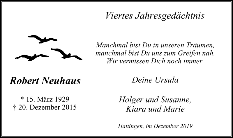  Traueranzeige für Robert Neuhaus vom 21.12.2019 aus Stadtspiegel Hattingen/Niedersprockhövel