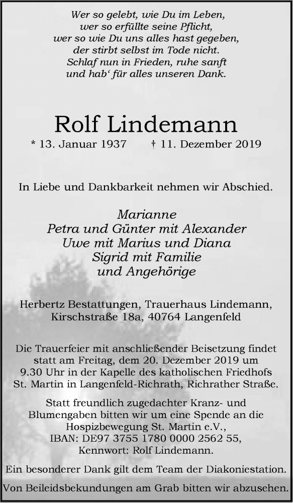  Traueranzeige für Rolf Lindemann vom 14.12.2019 aus Wochen-Anzeiger Langenfeld/Monheim/Hilden