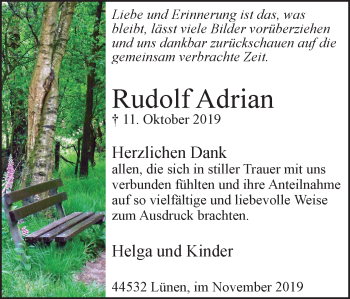 Traueranzeige von Rudolf Adrian von Lüner Anzeiger