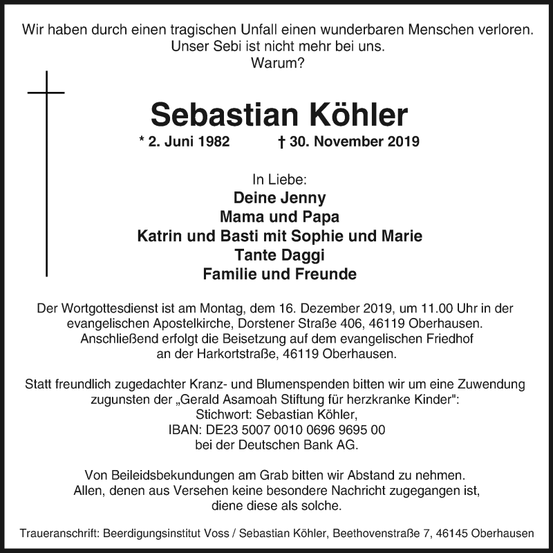  Traueranzeige für Sebastian Köhler vom 11.12.2019 aus Wochen-Anzeiger Oberhausen