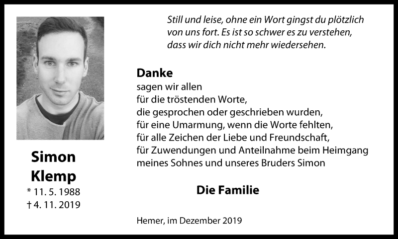  Traueranzeige für Simon Klemp vom 14.12.2019 aus Stadtspiegel Menden+Fröndenberg+Iserlohn/Hemer