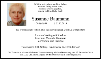 Traueranzeige von Susanne Baumann von Stadtspiegel Iserlohn + Hemer