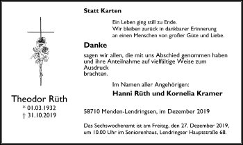 Traueranzeige von Theodor Rüth von Stadtspiegel Menden + Froendenberg