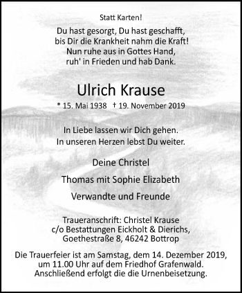 Traueranzeige von Ulrich Krause von Stadtspiegel Bottrop