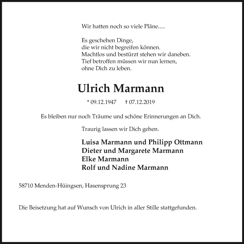  Traueranzeige für Ulrich Marmann vom 21.12.2019 aus Stadtspiegel Menden + Froendenberg