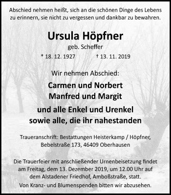 Traueranzeige von Ursula Höpfner von Wochen-Anzeiger Oberhausen