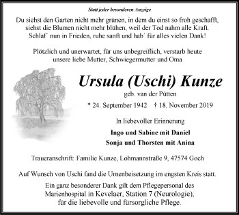 Traueranzeige von Ursula Kunze von Gocher Wochenblatt
