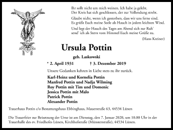 Traueranzeige von Ursula Pottin von Lüner Anzeiger