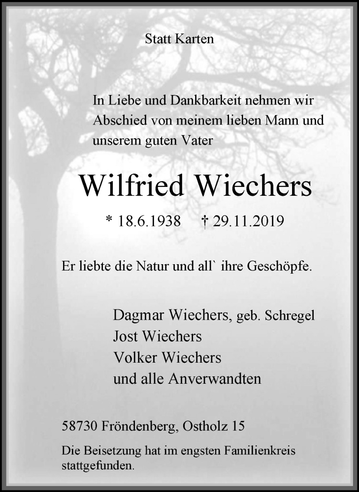  Traueranzeige für Wilfried Wiechers vom 11.12.2019 aus Stadtspiegel Menden + Froendenberg
