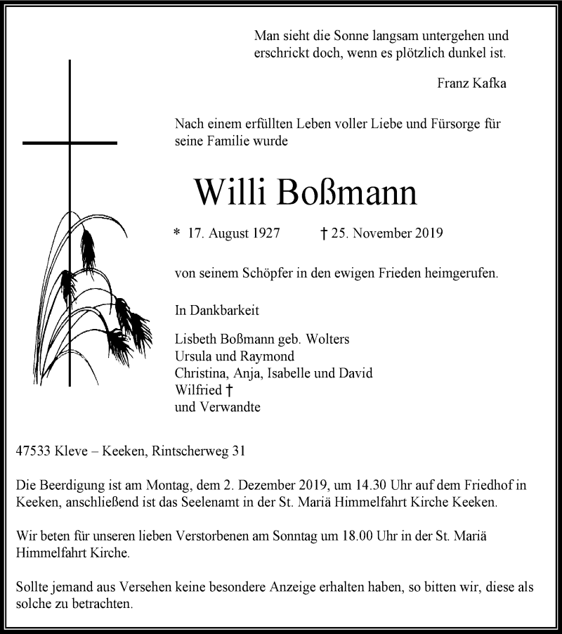  Traueranzeige für Willi Boßmann vom 30.11.2019 aus Klever Wochenblatt