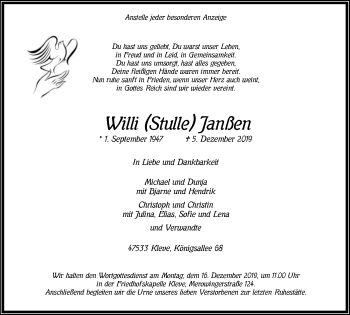 Traueranzeige von Willi Janßen von Klever Wochenblatt