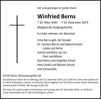 Traueranzeige von Winfried Berns von Klever Wochenblatt