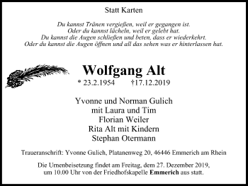 Traueranzeige von Wolfgang Alt von Stadtanzeiger Emmerich/Rees/Isselburg