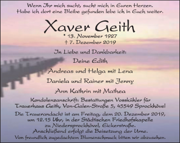 Traueranzeige von Xaver Geith von Stadtspiegel Hattingen/Niedersprockhövel