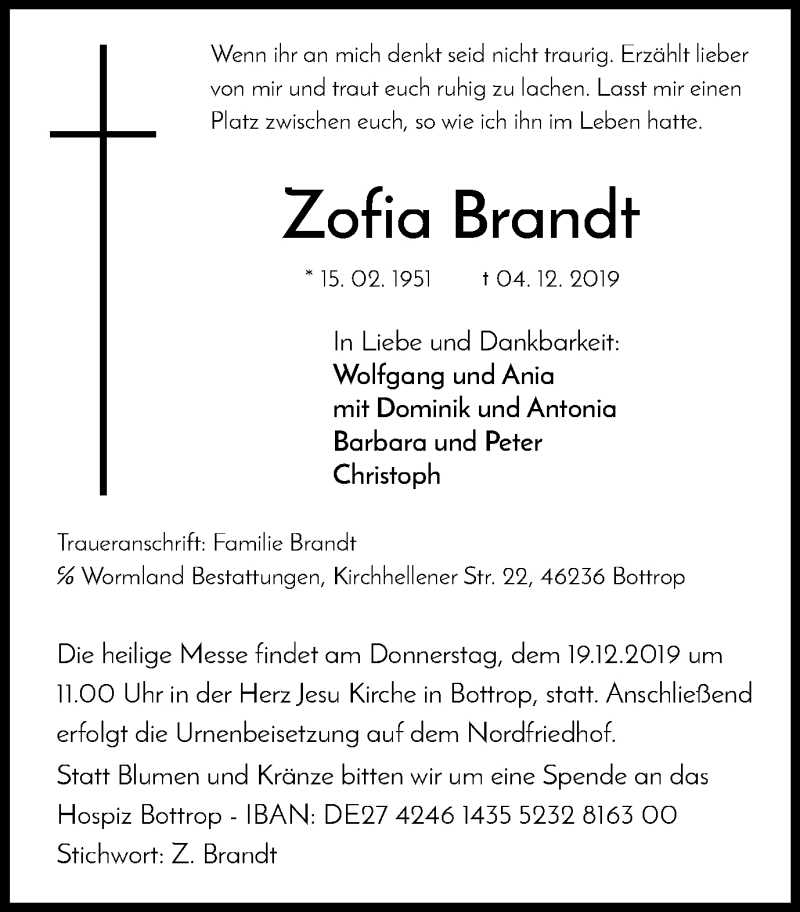  Traueranzeige für Zofia Brandt vom 14.12.2019 aus Stadtspiegel Bottrop