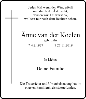 Traueranzeige von Änne van der Koelen von Wochen-Anzeiger Oberhausen