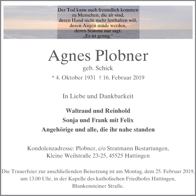 Traueranzeigen von Agnes Plobner TrauerinNRW.de