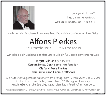 Traueranzeige von Alfons Pierkes von WVW Anzeigenblätter