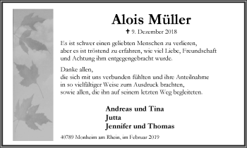 Traueranzeige von Alois Müller von Wochen-Anzeiger Langenfeld/Monheim/Hilden
