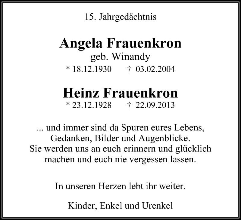 Traueranzeigen von Angela und Heinz Frauenkron TrauerinNRW.de