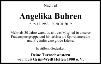 Traueranzeige von Angelika Buhren von Wochen-Anzeiger Oberhausen