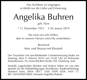 Traueranzeige von Angelika Buhren von Wochen-Anzeiger Oberhausen