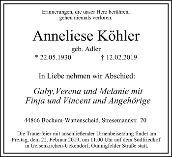 Traueranzeige von Anneliese Köhler von Stadtspiegel Wattenscheid