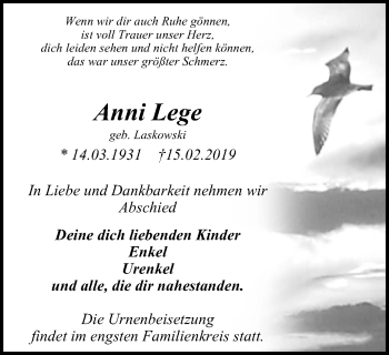 Traueranzeige von Anni Lege von Mülheimer Woche