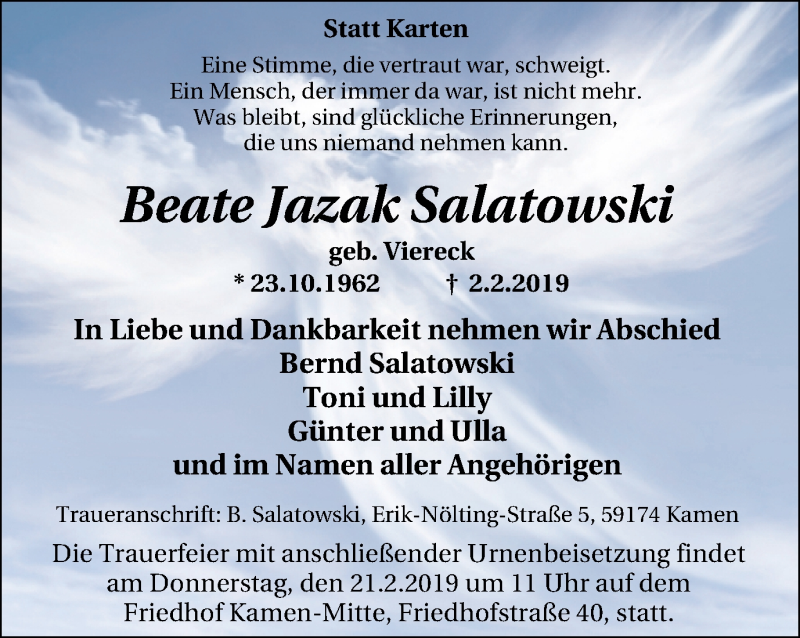  Traueranzeige für Beate Jazak Salatowski vom 09.02.2019 aus Lüner Anzeiger