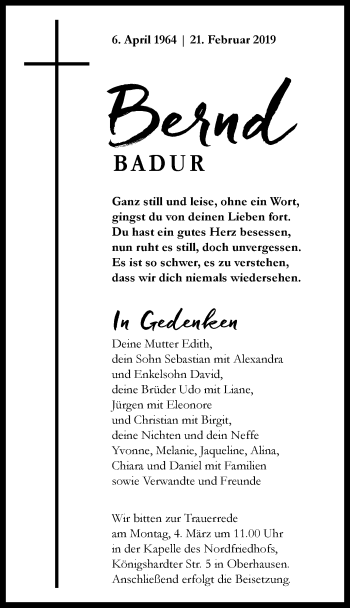 Traueranzeige von Bernd Badur von Wochen-Anzeiger Oberhausen