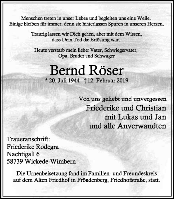 Traueranzeige von Bernd Röser von Stadtspiegel Menden + Froendenberg