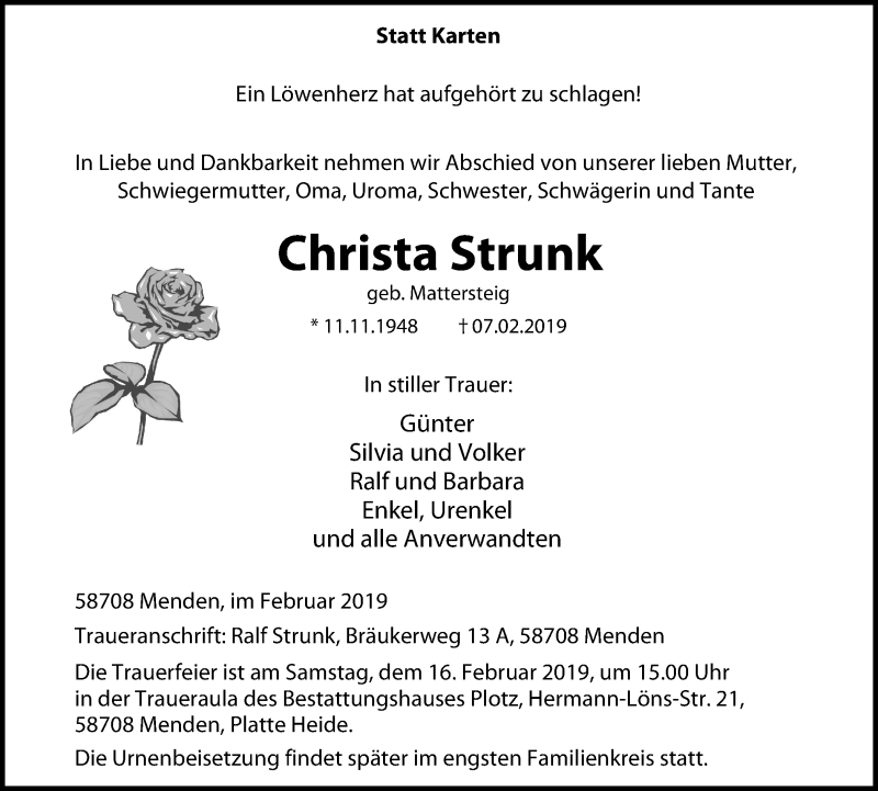  Traueranzeige für Christa Strunk vom 13.02.2019 aus Stadtspiegel Menden + Froendenberg