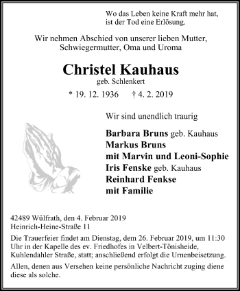 Traueranzeige von Christel Kauhaus von Stadtanzeiger Velbert + Heiligenhaus
