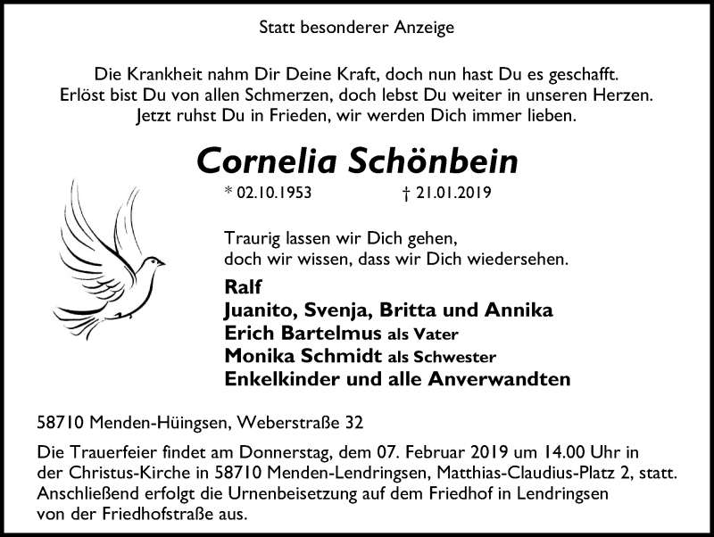  Traueranzeige für Cornelia Schönbein vom 02.02.2019 aus Stadtspiegel Menden + Froendenberg