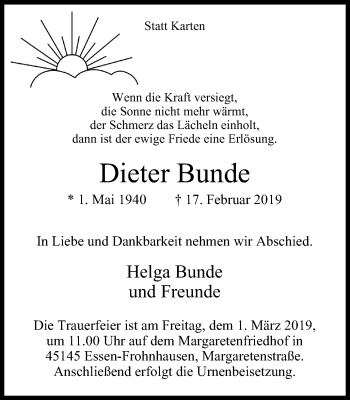 Traueranzeige von Dieter Bunde von West Anzeiger Essen