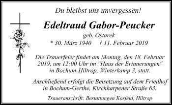 Traueranzeige von Edeltraud Gabor-Peucker von Stadtspiegel Bochum