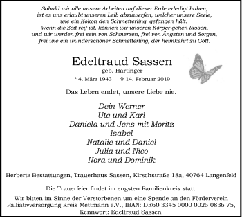 Traueranzeige von Edeltraud Sassen von Wochen-Anzeiger Langenfeld/Monheim/Hilden