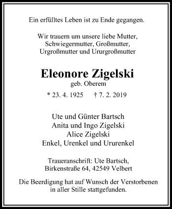 Traueranzeige von Eleonore Zigelski von Stadtanzeiger Velbert + Heiligenhaus