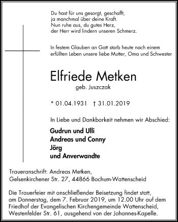 Traueranzeige von Elfriede Metken von Stadtspiegel Wattenscheid