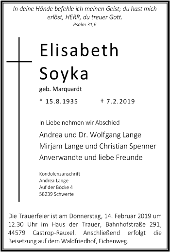 Traueranzeige von Elisabeth Soyka von Stadtanz.Castrop-Rauxel