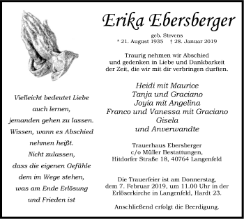 Traueranzeige von Erika Ebersberger von Wochen-Anzeiger Langenfeld/Monheim/Hilden