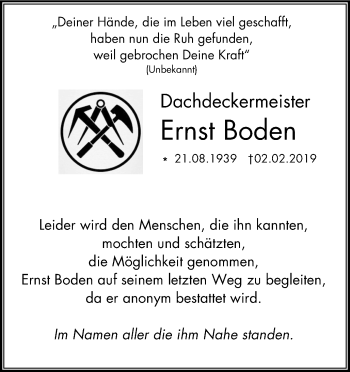 Traueranzeige von Ernst Boden von Mülheimer Woche