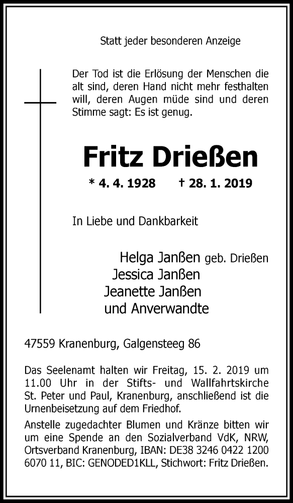  Traueranzeige für Fritz Drießen vom 09.02.2019 aus Klever Wochenblatt